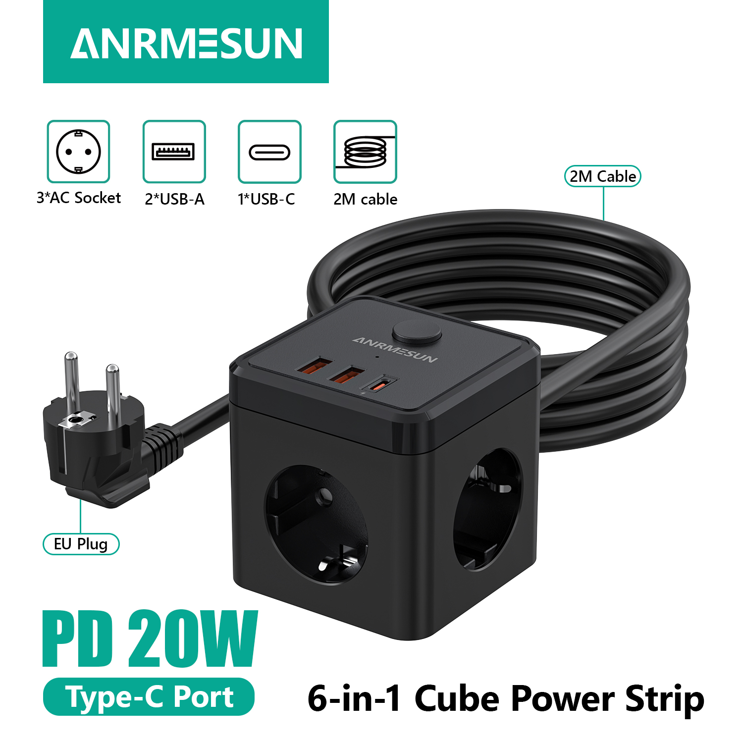 Power Strip Flat - Универсальный сетевой удлинитель 6-в-1 с 2-метровым